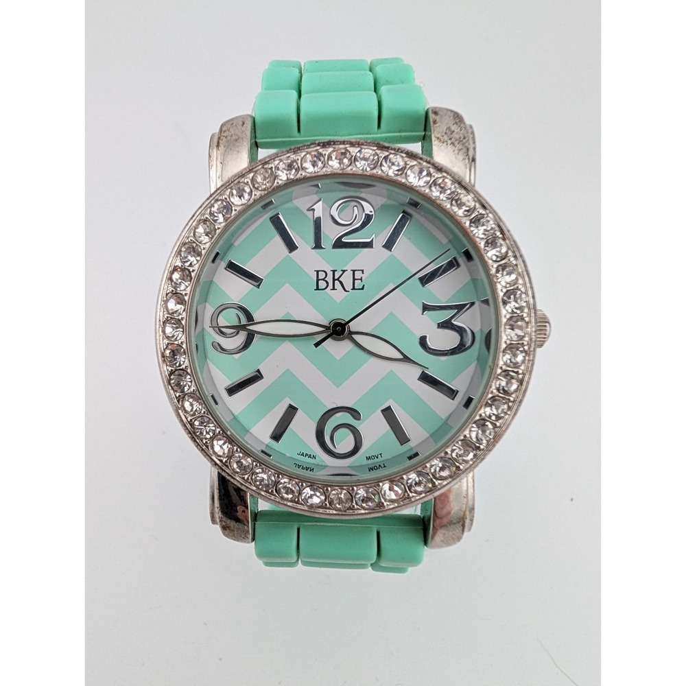 BKE Watch Women 42mm Silver Case Crystal Bezel Silicone Band- New Battery